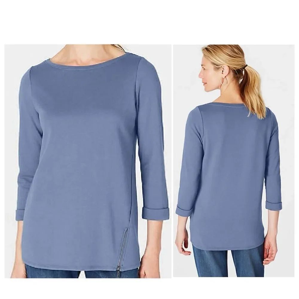 J. Jill Boat Neck Side Zip 3/4 Sleeve Knit Top Blouse Color is Sesport Blue Med